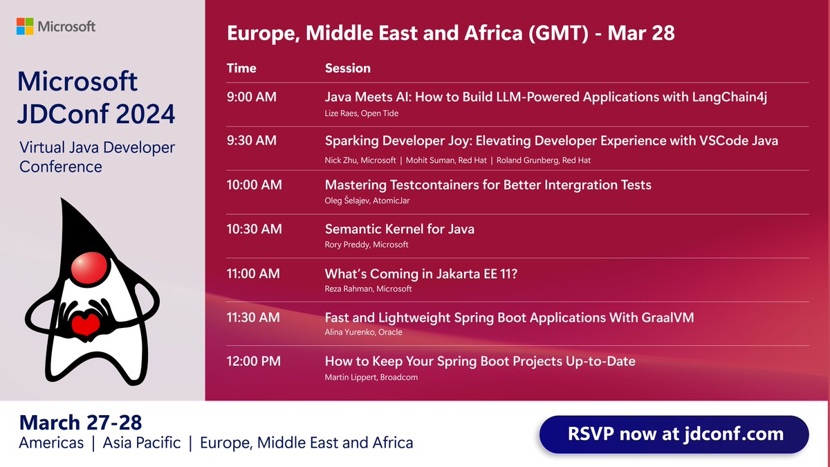 JDConf is only a day away! Get ready for the latest in Java, Cloud, and AI with 30+ expert-led sessions waiting for you. Plus, the first 200 attendees to check in live for any JDConf regions will get 5000 Microsoft Rewards points! RSVP now at JDConf.com #java #jdconf
