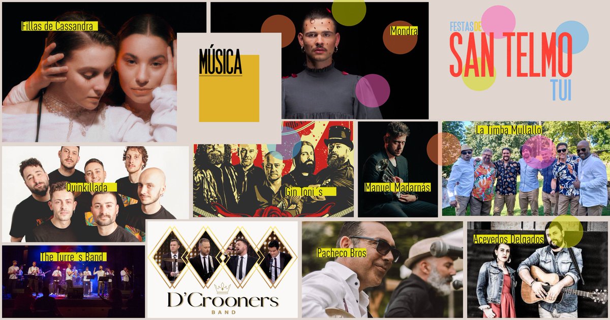 Concellotui's tweet photo. A música protagonista nas #FestasdeSanTelmo. 

En concerto Fillas de Cassandra, Mondra, Quinkillada, Manuel Madarnás, The Turre's Band, Pacheco Bros, AcevedosDelgados, Gin Toni's, La Timba Mullallo, D’Crooners Band e os dj's Amarok e Enter. 
+ info https://t.co/g24hk2jUcn https://t.co/XWDadAWRWh