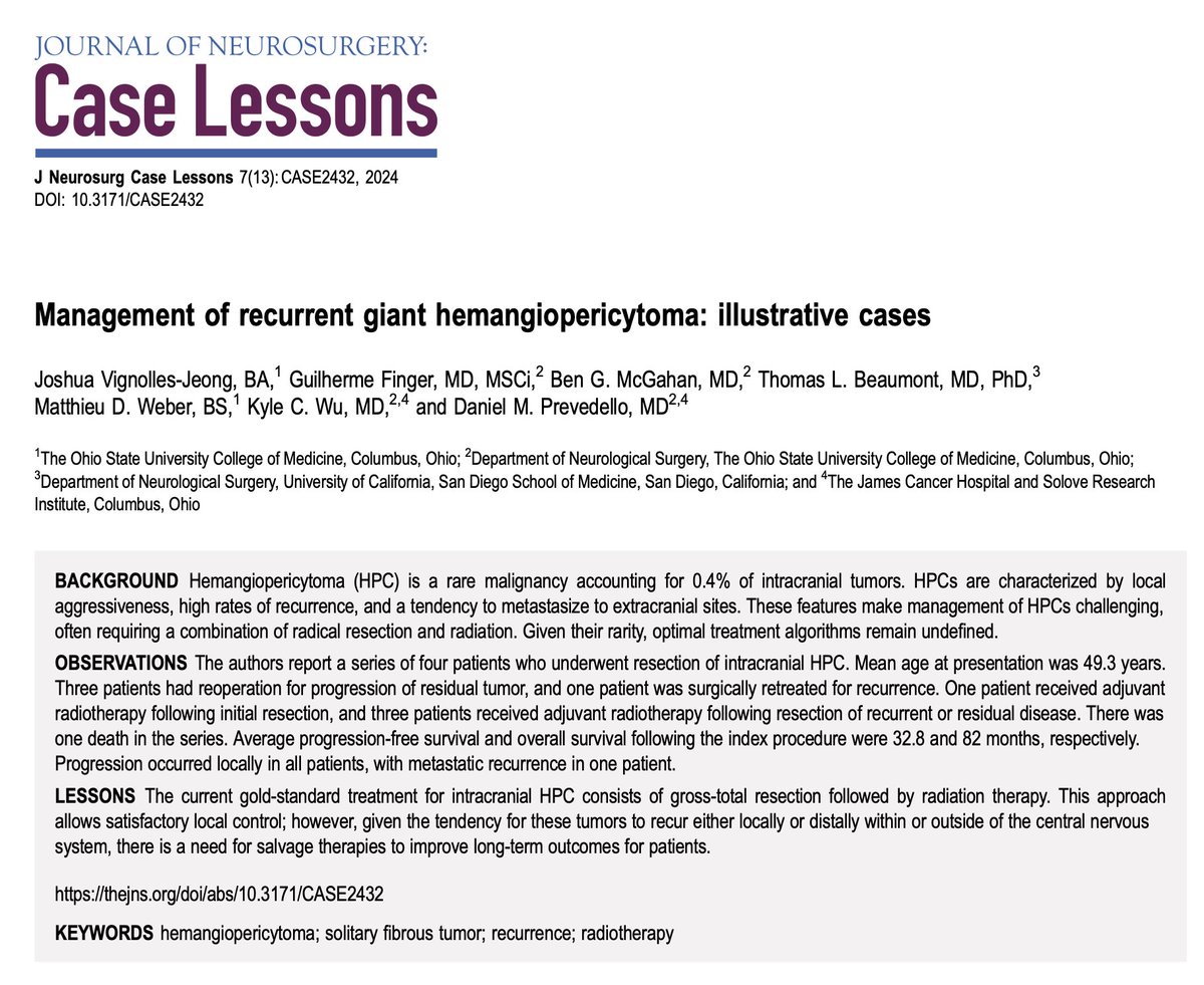 JoshVignolles's tweet image. Great to see our project published in @TheJNS

We detail our experience managing patients with giant intracranial hemangiopericytoma who underwent  resection followed by adjuvant radiotherapy.

@prevedellodanny
thejns.org/caselessons/vi…
