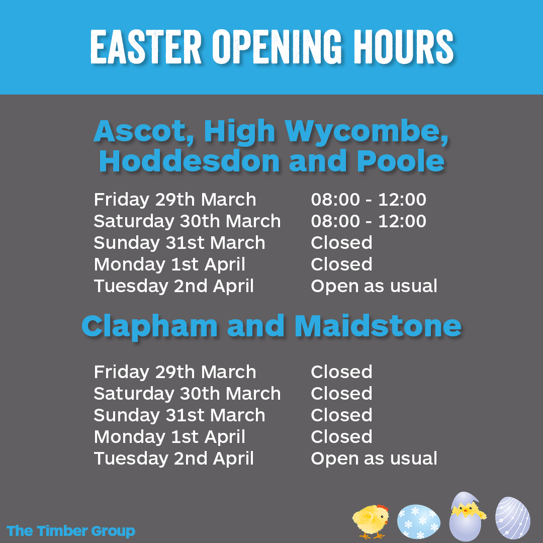 Please see our branch opening hours for the Easter Bank Holiday weekend. From everyone at The Timber Group, we hope you have a wonderful weekend.🐣
