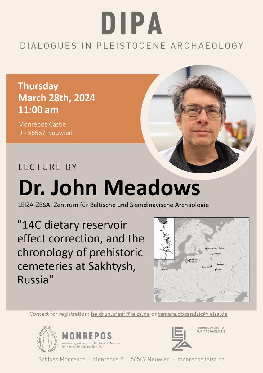 Our DiPA (Dialogues in Pleistocene Archaeology) continues on March 28th at 10 AM with 2 speakers: Dr. Maxime Brami (JGU Mainz) and Dr. John Meadows (ZBSA Schleswig). Zoom registration possible. #paleomonrepos #leiza #DiPA #Archaeology #talk