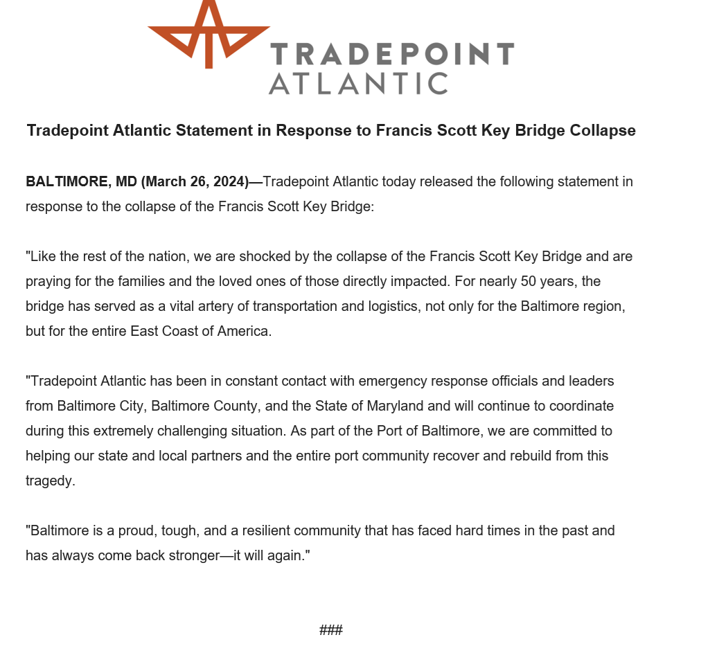 Tradepoint Atlantic statement in response to Francis Scott Key Bridge collapse: