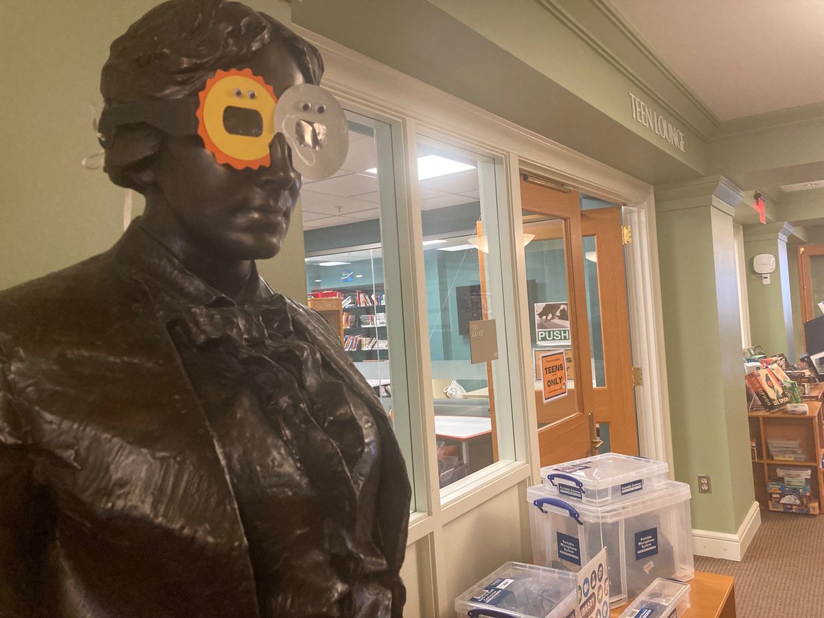 Louisa May Alcott is preparing to leave her pedestal at the @ConcordLibrary and head north to see #SolarEclipse2024    . #kidlit