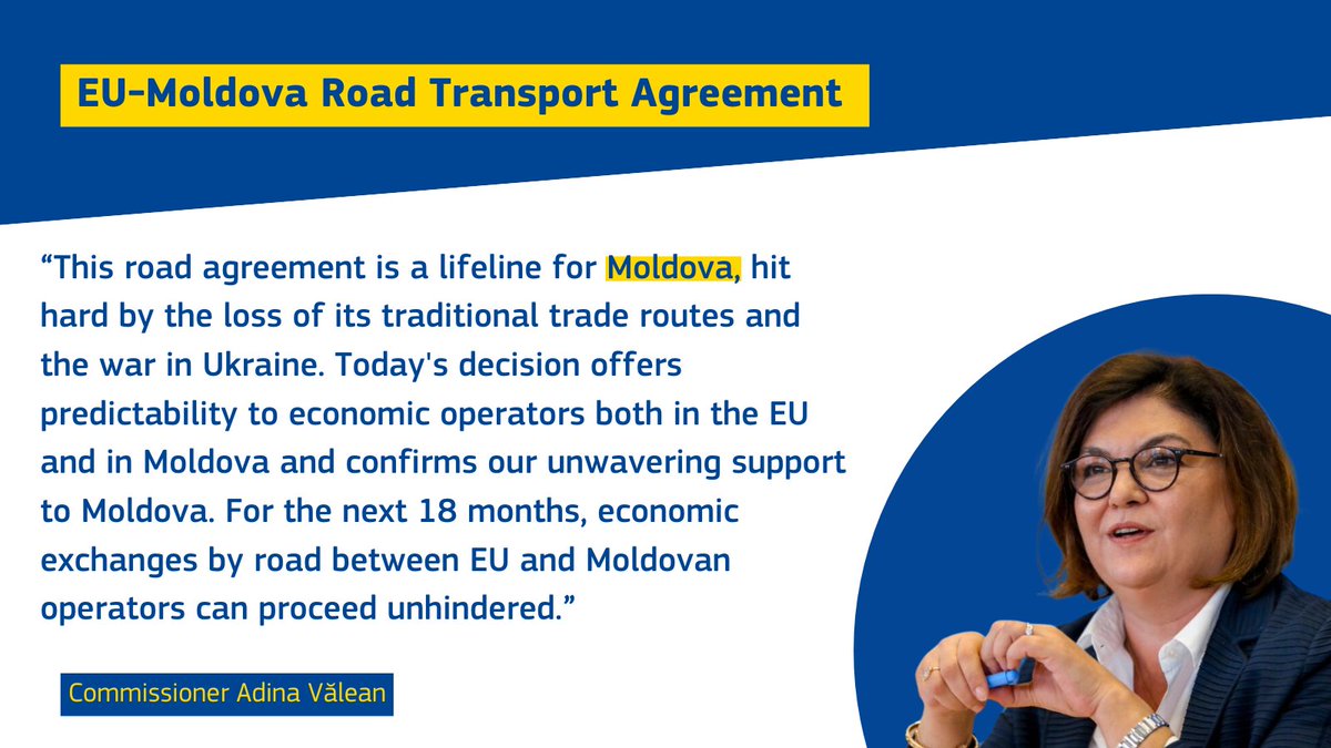 🇪🇺🇲🇩 Road Transport Agreement extended until 2025!

Ensuring vital trade routes to stay open despite Russia's unprovoked aggression against Ukraine. 

By sustaining trade flows, we're not only backing 🇲🇩 but also reinforcing 🇺🇦 &amp; our #SolidarityLanes

europa.eu/!NJKqTB