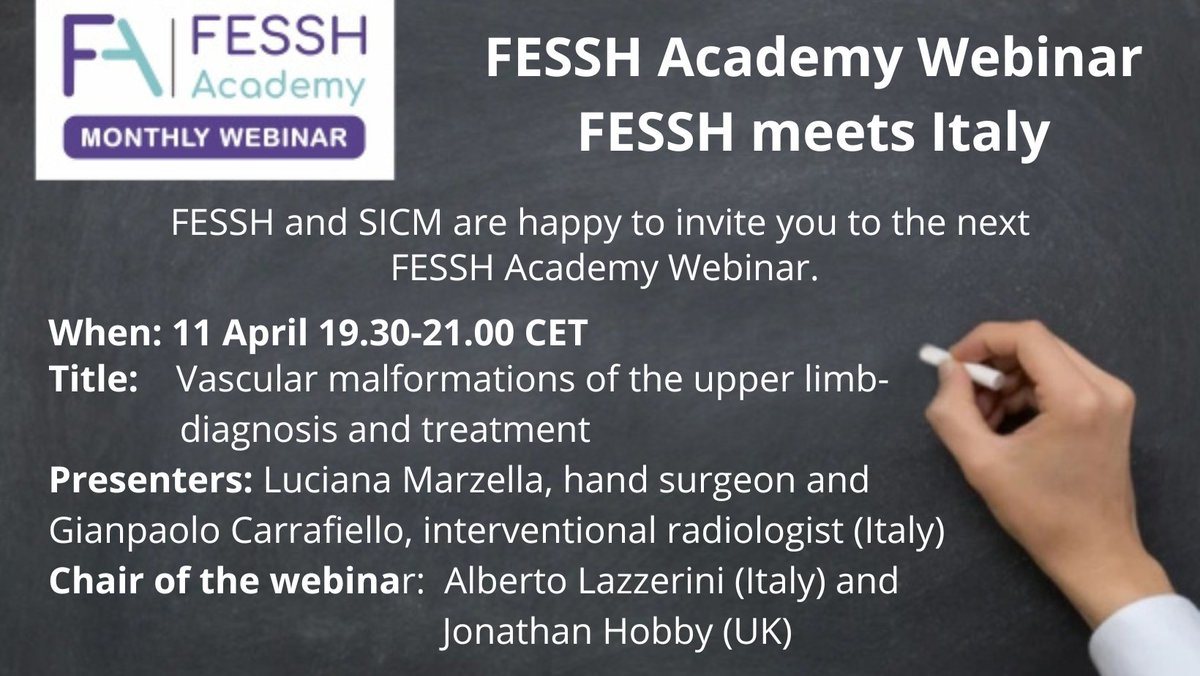 JOIN the next FESSH ACADEMY WEBINAR and meet ITALY! lnkd.in/datG-8JZ registration link and more information: us02web.zoom.us/webinar/regist… Some recordings are available after the webinar through FESSH YouTube Channel. #fessh #webinar #handsurgery #Academy