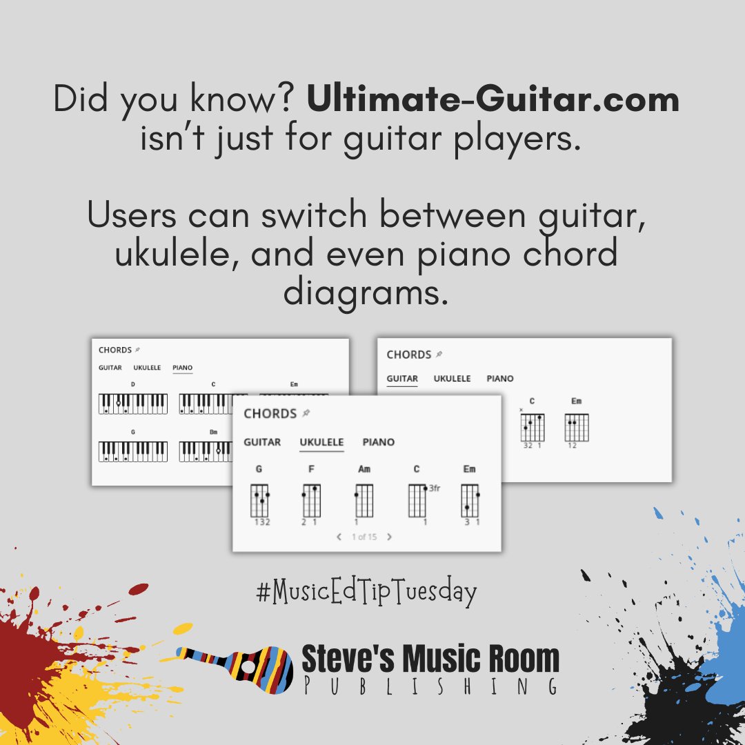 #musicedtiptuesday Did you know? Ultimate-Guitar.com isn’t just for guitar players. Users can switch between guitar, ukulele, and even piano chord diagrams. #musiced #musiceducation #popmused @ultimateguitar