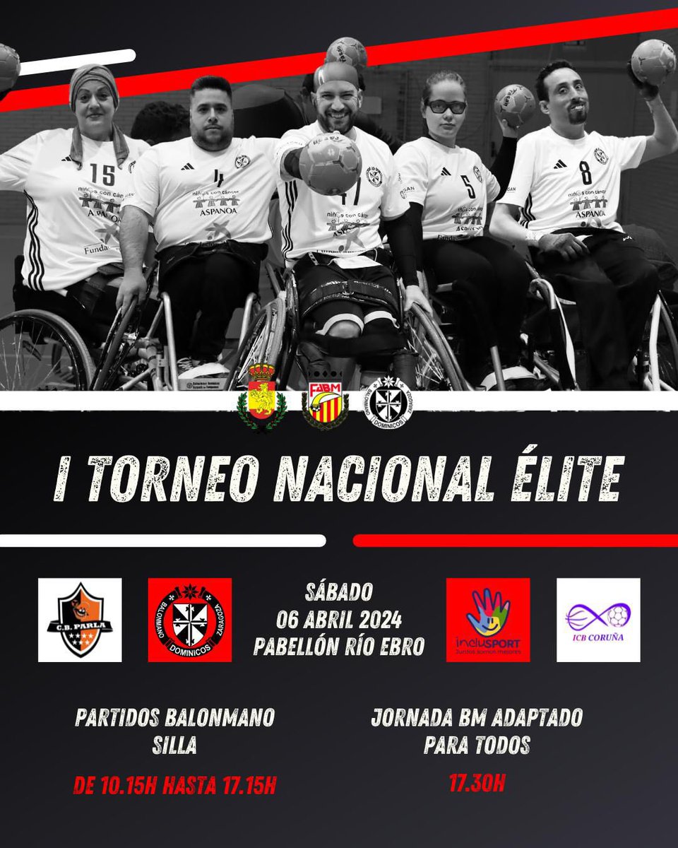 ♿️ El 𝗜 𝗧𝗢𝗥𝗡𝗘𝗢 𝗘́𝗟𝗜𝗧𝗘 𝗗𝗘 𝗕𝗔𝗟𝗢𝗡𝗠𝗔𝗡𝗢 𝗘𝗡 𝗦𝗜𝗟𝗟𝗔 𝗗𝗘 𝗥𝗨𝗘𝗗𝗔𝗦 llega a Zaragoza

📅 6 de abril 2024
🏟️ PDM Río Ebro

✅ El torneo lo disputarán Inclusport Valladolid, Bm Parla, ICB Coruña y el anfitrión, <a href="/dominicosbm/">Balonmano Dominicos</a> 

💪 ¡Hay que llenar el pabellón!