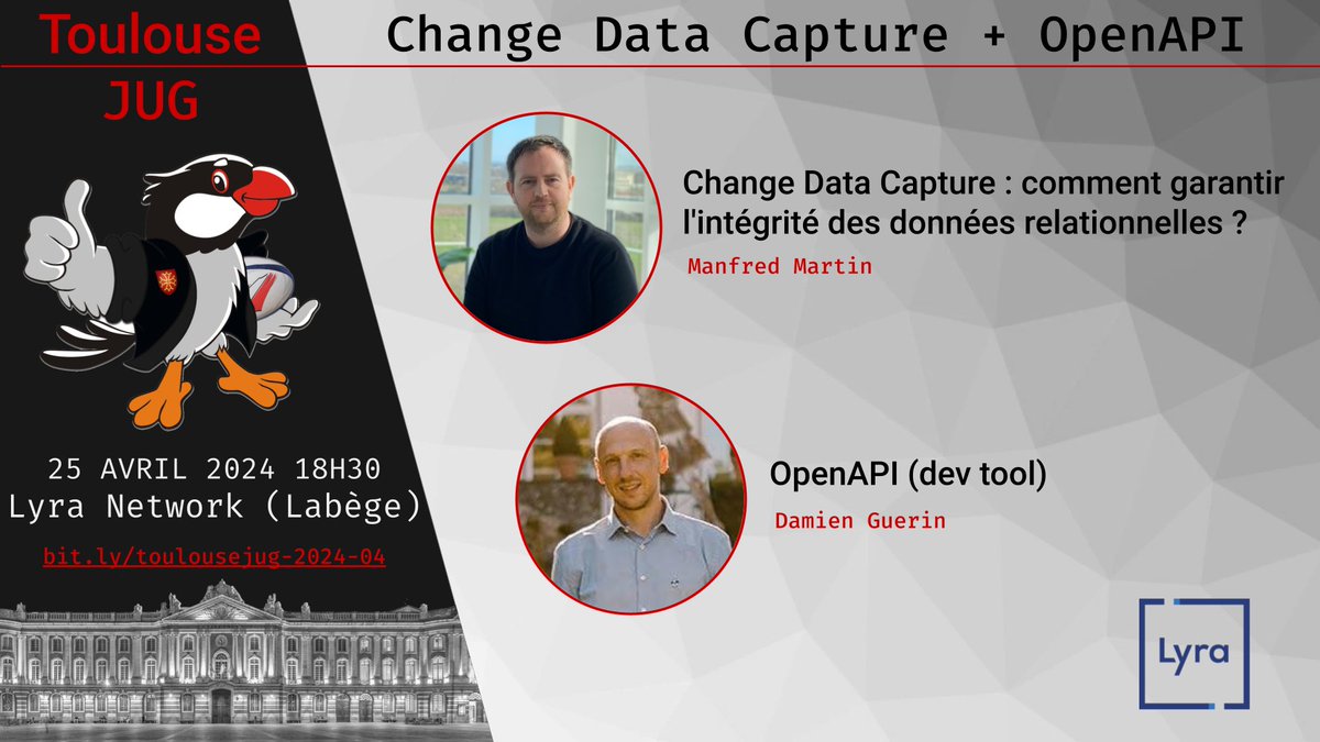 Prochaine soirée du <a href="/ToulouseJUG/">Toulouse JUG</a> le 25 avril à 18h30 !

Talk 1 : Change Data Capture VS données relationnelles
Talk 2 : Contrats OpenAPI et tooling open source

Cette soirée sera hébergée par <a href="/LyraNetwork/">Lyra</a>  dans leurs superbes locaux de Labège !

bit.ly/toulousejug-20…