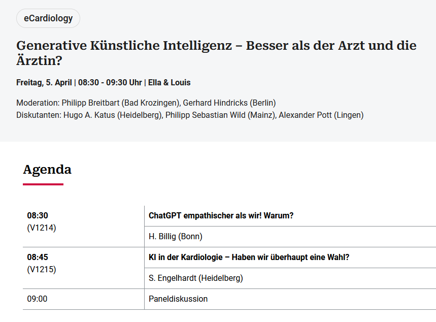 Next week Friday, April 5th, I will show some examples from our research on #generative #AI in cardiology. Expect some more content on #VisionLLMs, #multi-#modal #AI and also #federated #learning. Looking forward to the discussions! @YoungDgk @DGK_org #DGKJahrestagung2024