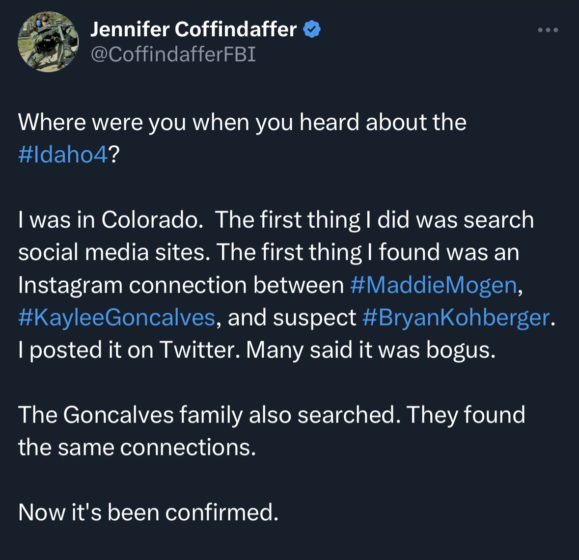 Haven’t kept up with recent developments- but this one is interesting… Coffindaffer not only claims a “confirmed” social media link between #Kohberger and the victims - but seems to say that she found it in November - long before a suspect was even announced!🤨