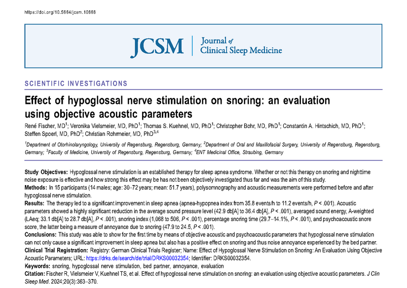 This study was able to show for the first time by means of objective acoustic and psychoacoustic parameters that #hypoglossal nerve stimulation can not only cause a significant improvement in #sleepapnea but also has a positive effect on #snoring. bit.ly/3vplBL7 #sleep