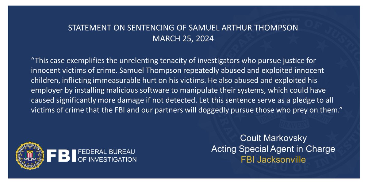 A federal judge has sentenced Jacksonville #Jaguars Jumbotron hacker and prolific child molester, Samuel Arthur Thompson, to 220 years in prison. justice.gov/usao-mdfl/pr/j…