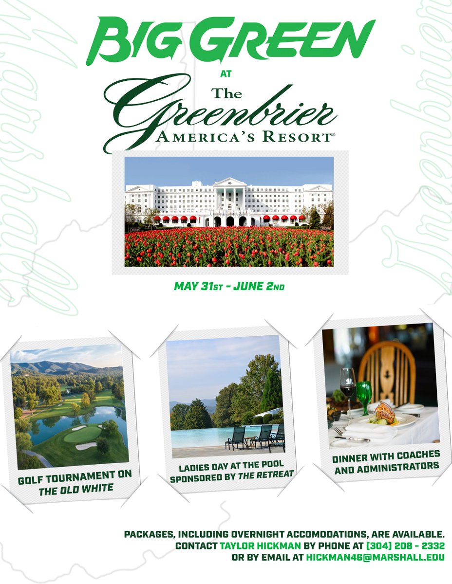 Big Green at The Greenbrier is coming up soon from May 31st-June 2nd! ⛳️🏖️🥂We'll have a packed weekend featuring our annual golf tournament, Ladies Day at the Pool, and dinner with coaches. Please contact Taylor at (304) 208-2332 or hickman46@marshall.edu for package info.