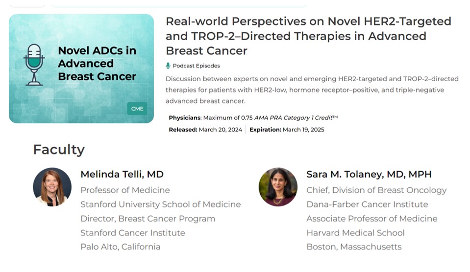 Listen now! 🎧 In this new CME-certified podcast Sara Tolaney, MD (@stolaney1) and Melinda Telli, MD (@melindatelli) discuss novel #ADCs in Advanced #BreastCancer. Listen here ⬇️⬇️ clinicaloptions.com/CE-CME/oncolog…