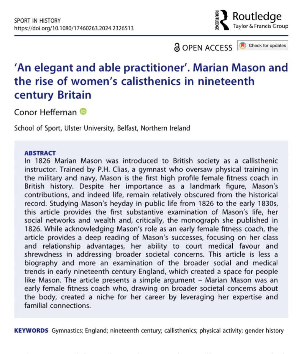 🚨 NEW PUBLICATION 🚨 Congratulations Dr @PhysCstudy on your recent paper in @SprtinHistory exploring England's first female personal trainer, Marian Mason. #gymnastics #calisthenics #gender #history #physicalactivity A great read which is open access 👉 tandfonline.com/doi/full/10.10…