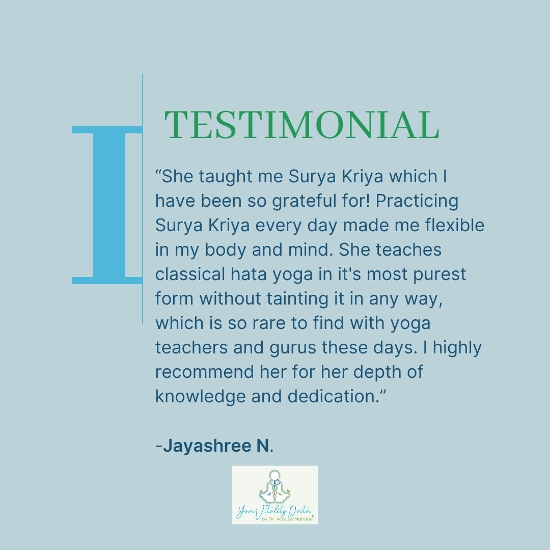 Thank you, Jayashree for sharing your experience with us. We appreciate it! 💙👌🏼

For more information, please contact:
📞310-289-9770
yourvitalitydoctor.com 

#vitality #ayurvedicmedicine #functionalmedicine 
#bestseller #author #bestsellingauthor #bestsellingbooks
