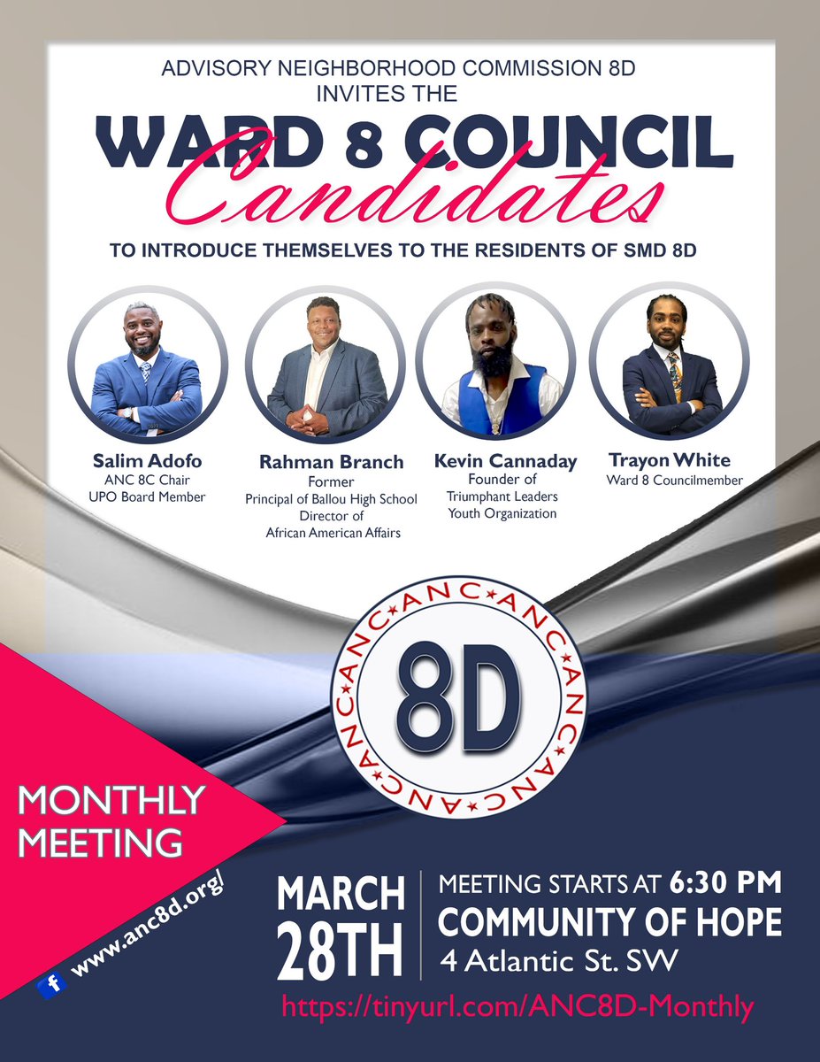 Just a reminder we’ve invited all the Ward 8 Council Candidates to our meeting on Thursday to introduce themselves to the 8D community. This is NOT a debate or forum but rather an informal meet and greet of the gentlemen who are vying to lead Ward 8 for the next four years!