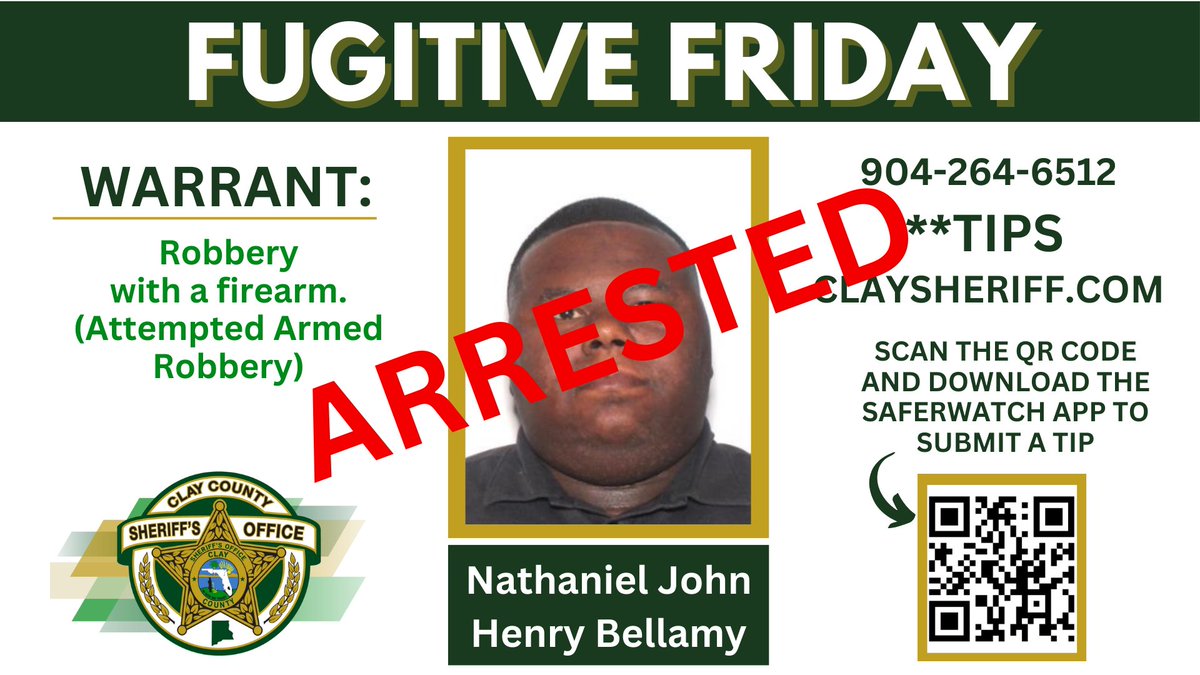 ARRESTED Nathaniel John Henry Bellamy (Nate), who was featured in our Fugitive Friday post, has been apprehended! Your tips make a real difference! We'll share a Fugitive Friday this week! #FugitiveFriday #ByebyeNate #CCSOFL #arrested #KeepingClaySafe #communitystrong