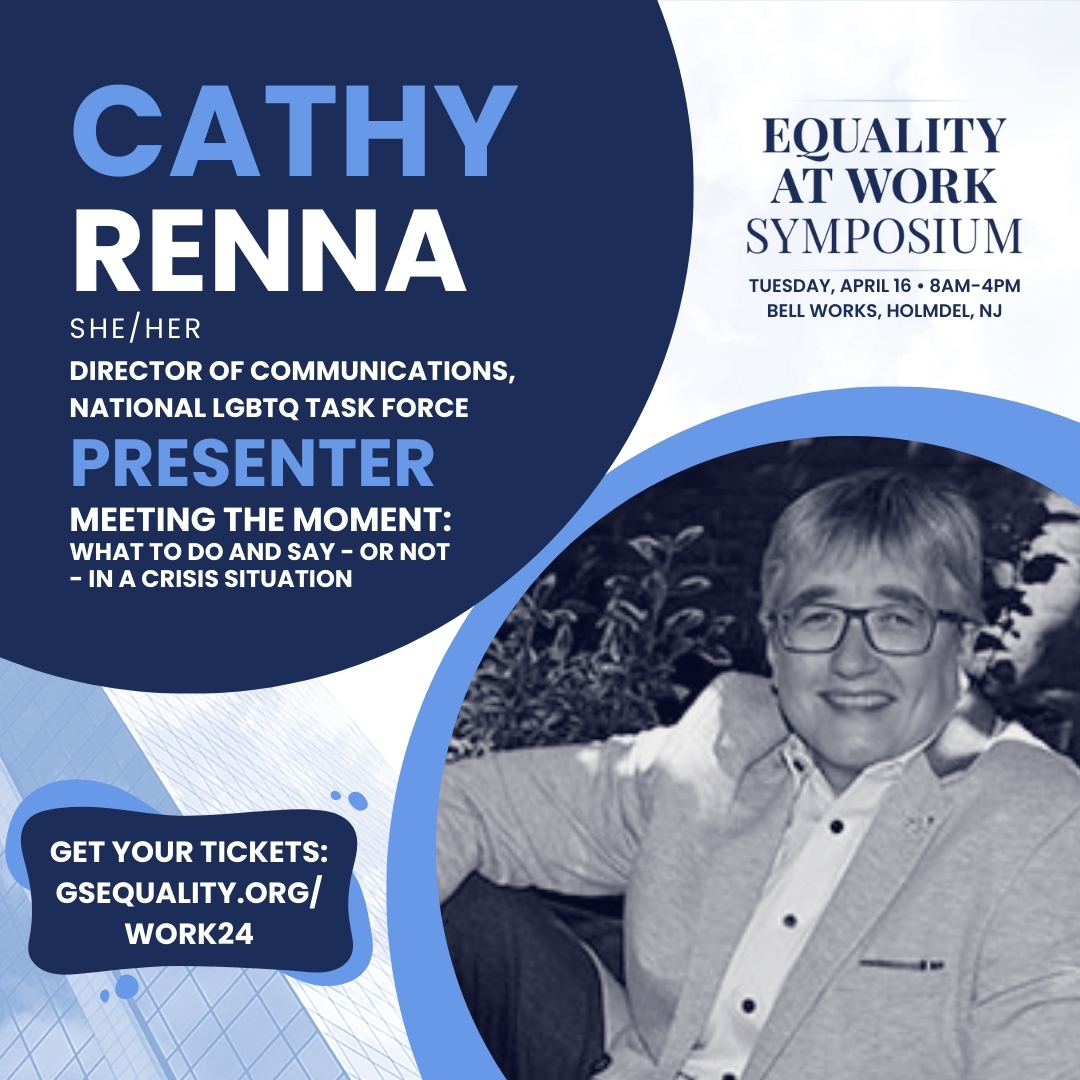 Equality at Work Presenter: @CathyRenna (she/her), Dir. of Communications for @thetaskforce, who will be sharing lessons learned from her 30-year career in #LGBTQ+ crisis communications! Tix! >> secure.everyaction.com/XjBN87xgEkK04i… #DEI #professionaldevelopment #NewJersey #workshop