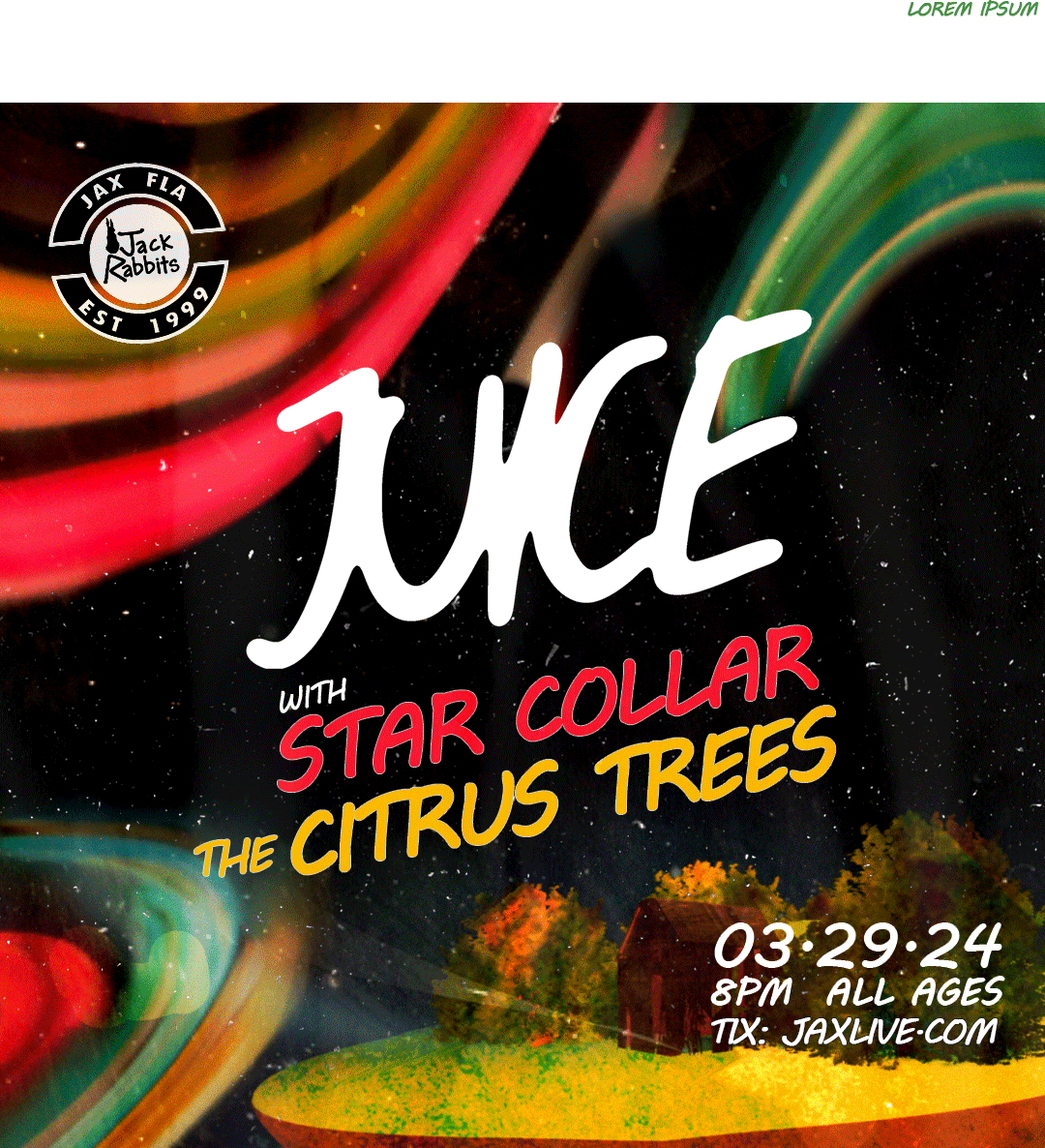 #JUICE #StarCollar #TheCitrusTrees #LiveMusic #IndieBands #LocalGig  JUICE, Star Collar, and The Citrus Trees are all performing at JACK RABBITS this FRIDAY night! Tickets are available at this link jaxlive.com/event/juice/ja…