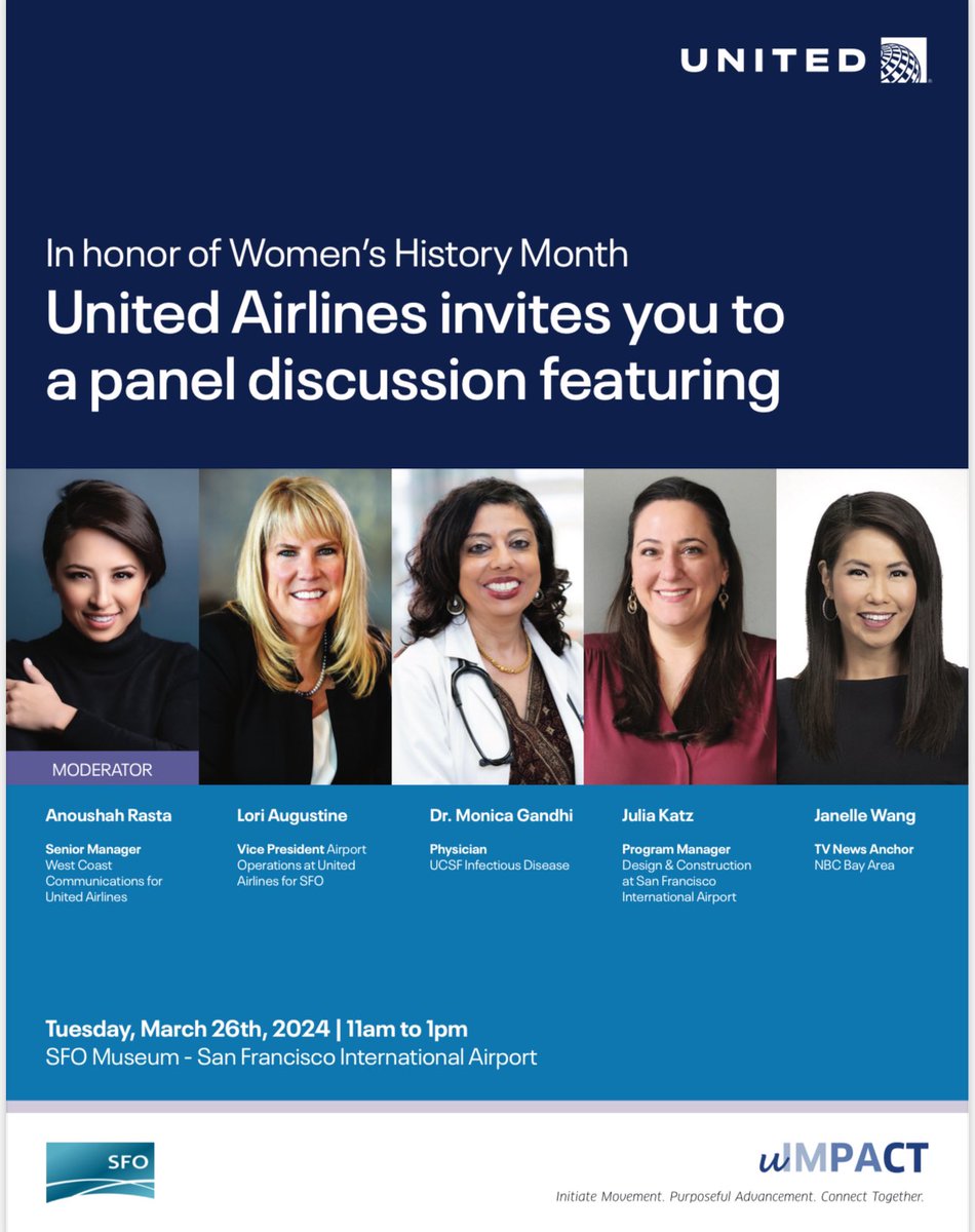 Had a good time from the panel discussion. THANK YOU 🙏 for sharing your stories and all the inspiration. @united @flySFO @Anoushah_Rasta @Auggiie69 @MonicaGandhi9 @JuliaAnnKatz @janellewang #WomenEmpowerment #WomenHistoryMonth