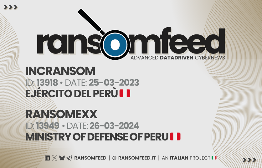 🚨 Ejército del PerU
🌍 ransomfeed.it/index.php?page…

🚨 Ministry of Defense of Peru
🌍 ransomfeed.it/index.php?page…

Same country 🇵🇪, different groups.
#incransom claimed to have exfiltrated 502GB (Ejército) while #ransomexx stated they stole 763.8GB (Ministry).

Early december was