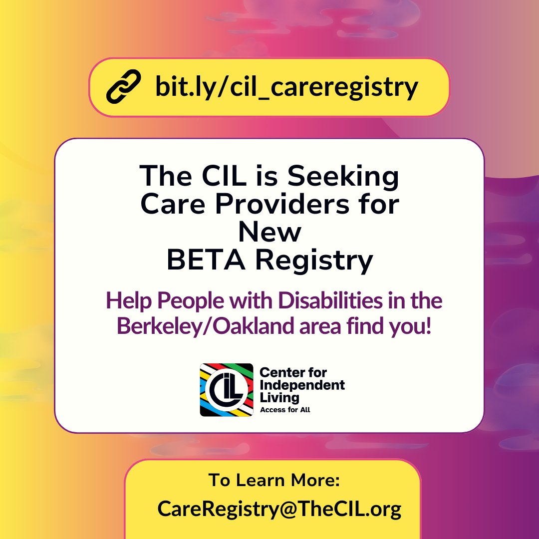 Seeking Care Providers for our New BETA Registry! Please share far and wide so we can help more folks with disabilities get connected with care providers in their area. Visit the link to register: bit.ly/cil_careregist…. Email CareRegistry@TheCil.org with questions.