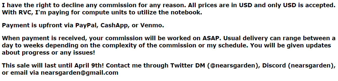 nearsgarden's tweet photo. Hi!!! π
My commissions are on sale until April 9th! I'm currently saving for necessities. Any engagement is appreciated! If you're interested, message me on here or on Discord via nearsgarden. Turnaround time is usually within a few days! π
#rvccommissions #utaucommissions https://t.co/hqxpS7UlKF