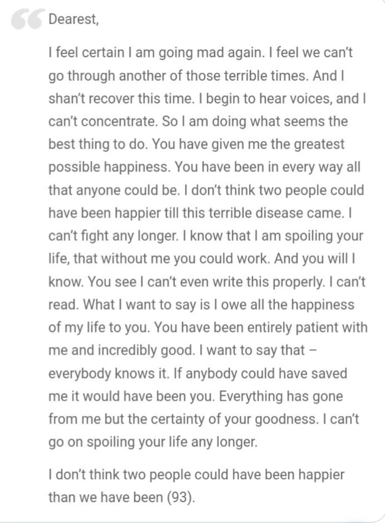 Virginia Woolf took her own life 83 years ago on this day. Here is the beautiful final letter she left for her husband, my great-uncle Leonard Woolf 💜