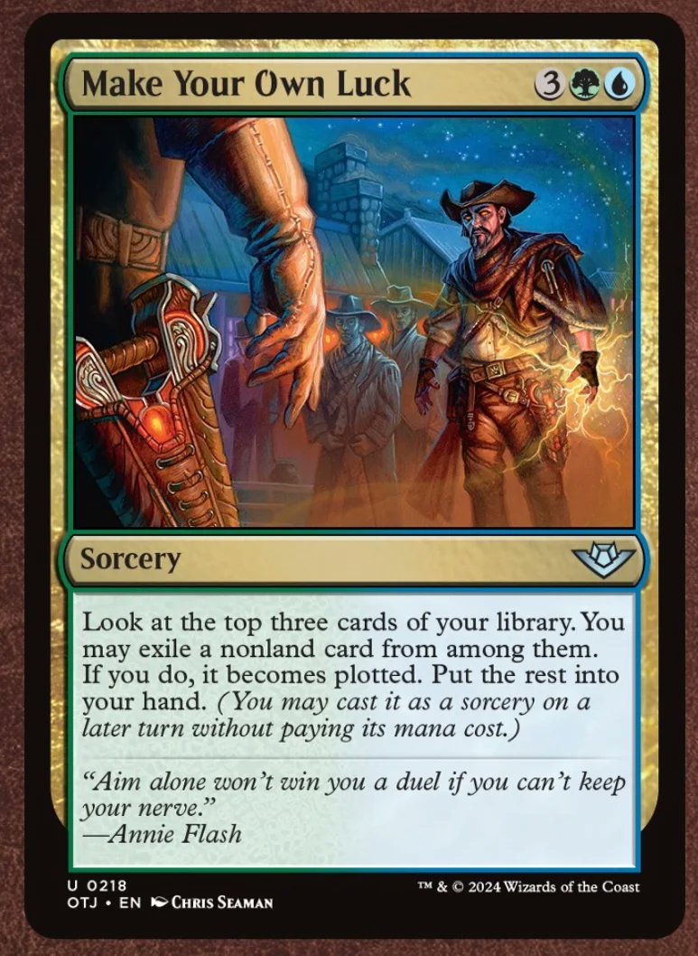For decks with proper land counts (17/40, 25/60, or 42/99) you're about 7% to look at three lands. To make your own luck, use library manipulation spells first! #MTGThunder