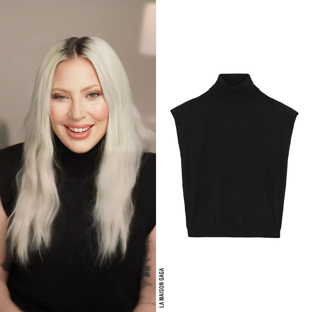 Lady Gaga linked up with @NikkieTutorials to celebrate the launch of @HausLabs in @Sephora Europe! For their joint livestream, Gaga wore the 'Nadia' thin padded sleeveless turtleneck top in black ($228) by @ShopFrankie, a first-timer in her closet!