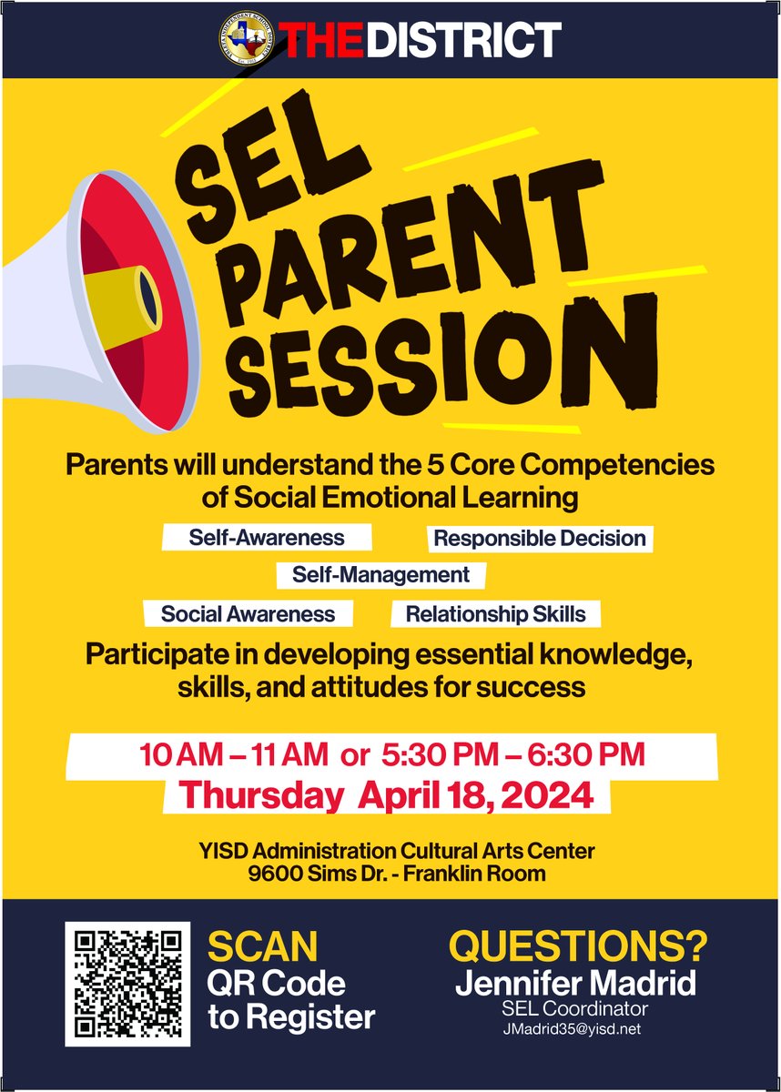 Parents, join us on Thursday, April 18th at either 10 AM or 5:30 PM to learn the 5 core competencies of Social Emotional Learning and how we can work together to develop the knowledge, skills and attitudes needed for success. Scan the QR code to register.