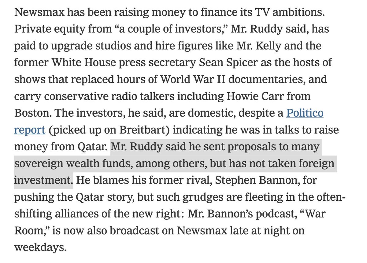 Chris Ruddy in 2020 denied directly to me that he'd taken money from Qatar, and blamed Steve Bannon for pushing that rumor. nytimes.com/2020/11/29/bus… In fact: washingtonpost.com/nation/2024/03…