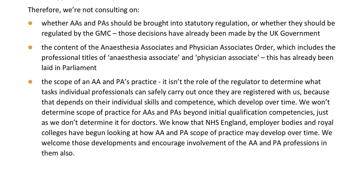 PA/AA consultation by <a href="/gmcuk/">GMC</a> will not cover scope - saying they don’t do that for doctors.

That’s not really true is it <a href="/drcolinm/">Prof Colin R Melville</a> ?

Scope for doctors is controlled by <a href="/gmcuk/">GMC</a> via GP Register and Specialist Register and strict regulation of doctors’ training and curricula
