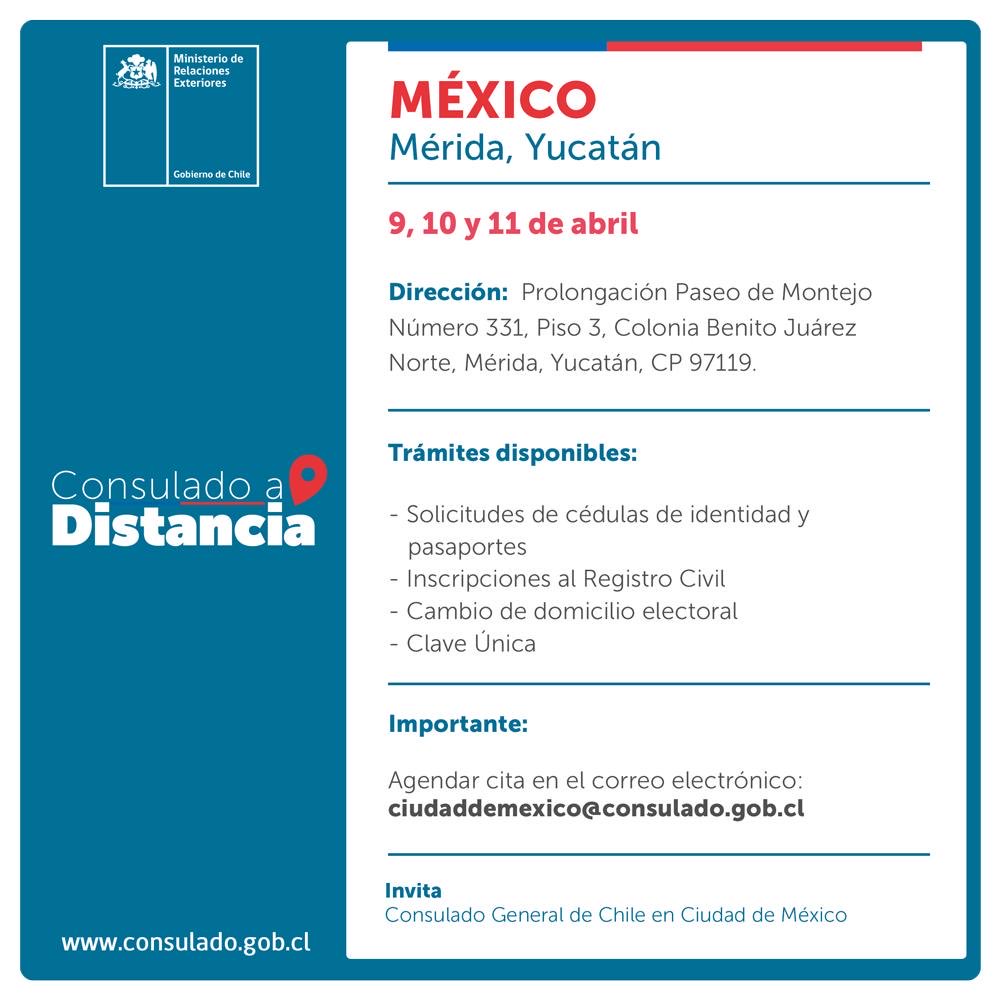 📢 A la comunidad chilena en Yucatán: el Consulado General de Chile en CDMX estará atendiendo en Mérida los días 9 a 11 de abril de 2024. Más info aquí: