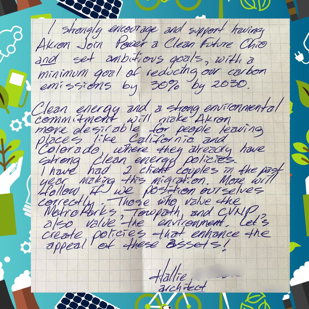 We are excited to share that Akron has become the 50th community to join Power A Clean Future Ohio! Check out the 2nd photo to hear from Hallie, who wrote a letter in 2022 urging Akron to join PCFO and commit to reducing emissions by at least 30% by 2030 #LocalsLeadTheWay