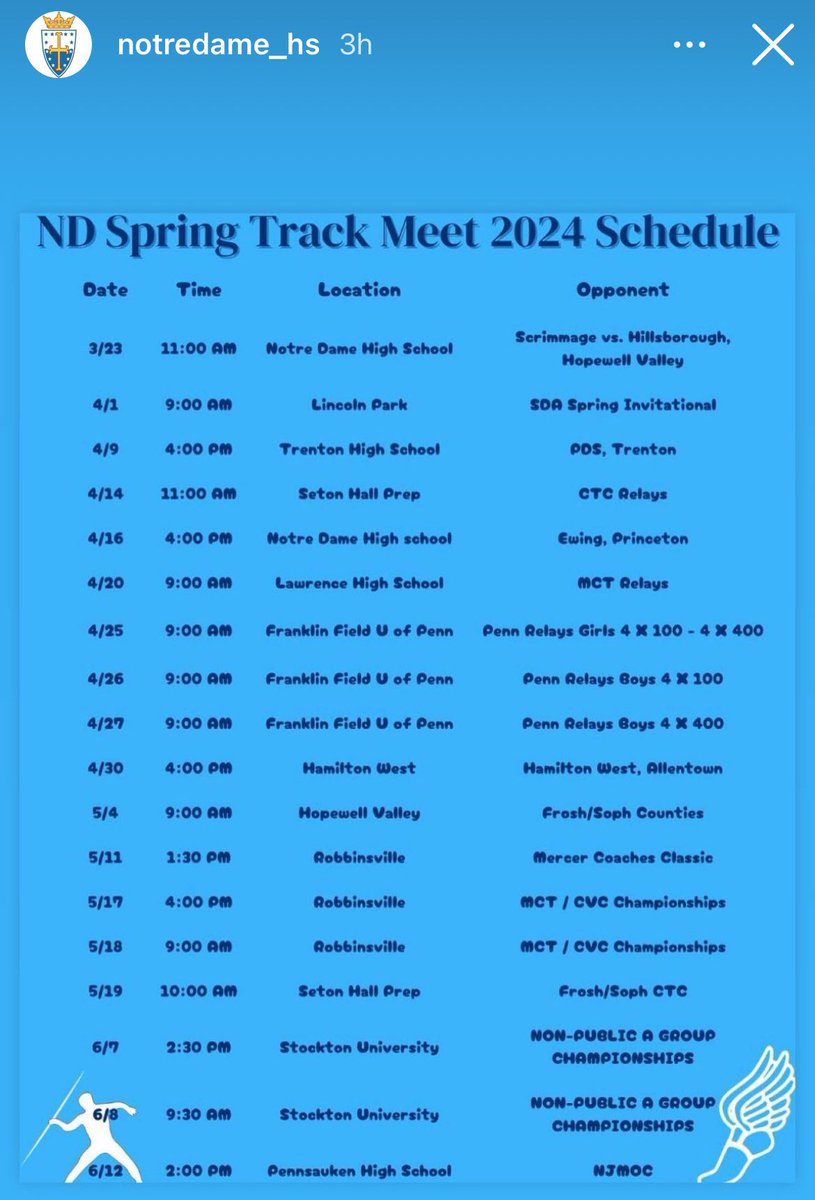Alayna Ramirez (@alaynar1028) on Twitter photo Here is a schedule of my track meets for the 2024 spring season! Go IrishβοΈπͺ<a href="/Notre_Dame_HS/">Notre Dame High School</a> #trackandfield Here is a schedule of my track meets for the 2024 spring season! Go IrishβοΈπͺ<a href="/Notre_Dame_HS/">Notre Dame High School</a> #trackandfield