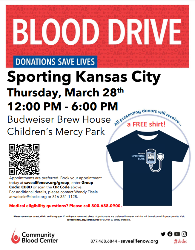 Join @SportingKC and @CommBloodCtrKC for a blood drive on Thursday, March 28 at the @cmpark Budweiser Brew House from 12 p.m. - 6 p.m. 🩹 Donors get a “I bleed Sporting blue” shirt while supplies last! 💙 Schedule your appointment here: cmkc.link/4ctefH4