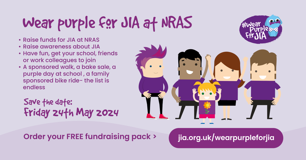 #WearPurpleForJIA at NRAS will taking place on Friday 24th May this year 💜 #WearPurpleForJIA is our annual campaign dedicated to raising awareness and funds for the benefit of those living with JIA and their families. Get involved now 👉 bit.ly/3wzfeQm