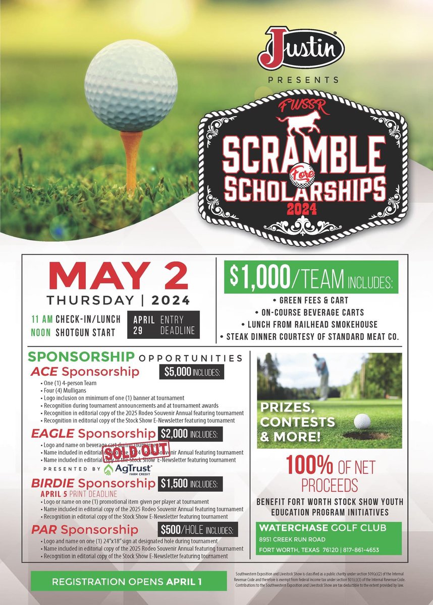 Save the Date! The FWSSR Scramble Fore Scholarship Golf Tournament is coming up on May 2. Registration for teams opens on Monday, April 1. 100% of net proceeds benefit FWSSR youth education programs!