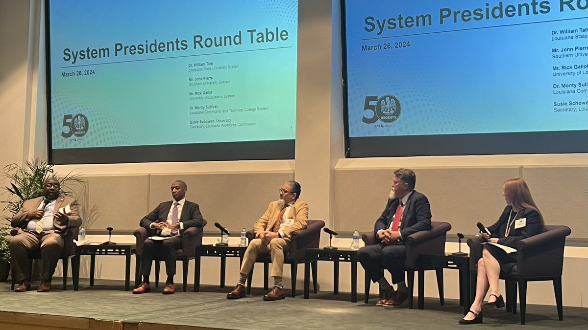 Following an energetic keynote by Josh Davies, @LouisianaWorks Sec. Susie Schowen moderates a panel with @WFTate4, @RickGallot, @LCTCSpresident & new @SouthernU_BR Chancellor John Pierre on how Higher Ed can lean into constant changes in tech and workforce demands. #LaProspers