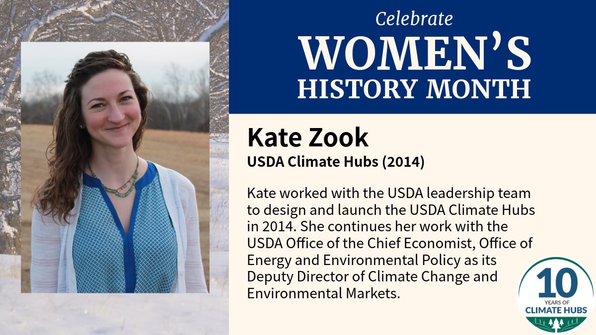 This #WomensHistoryMonth, we honor the #womeninscience who have made us what we are. Today, we celebrate Kate Zook, who helped establish the USDA Climate Hubs in 2014. @usda_oce #10yearsClimateSolutions