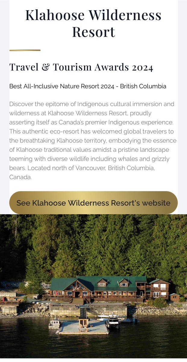 🎉 Klahoose Wilderness Resort has won the 2024 LUXlife Travel & Tourism Award for Best All-Inclusive Nature Resort in British Columbia 🎉 Here's to more luxurious & authentic adventures ahead! #LuxuryTravel #KlahooseWildernessResort @LuxLifestyleMag lux-review.com/winners/klahoo…