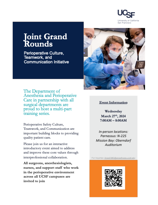 ‼️Join us tomorrow, March 27th, at 7am for our Perioperative Culture, Teamwork, and Communication Joint Grant Rounds, hosted by @UCSFAnesthesia, ourselves & the additional Perioperative Departments at @UCSF. For more information and to join, visit: tiny.ucsf.edu/327GR👇👇