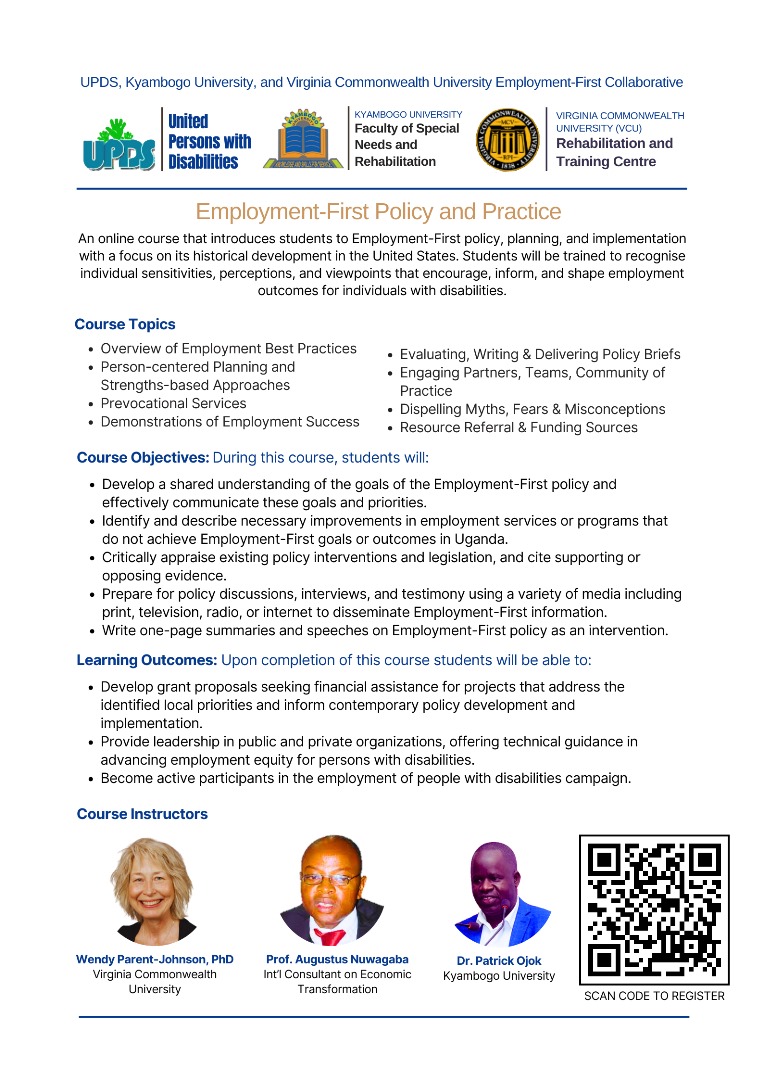 Our Faculty in conjunction with United Persons with Disabilities (UPDS), and Virginia Commonwealth University vcurrtc.org/about/bio.cfm?… is offering a Short Professional Course in 'Employment - First Policy and Practice Course'. Apply via:docs.google.com/forms/d/e/1FAI…