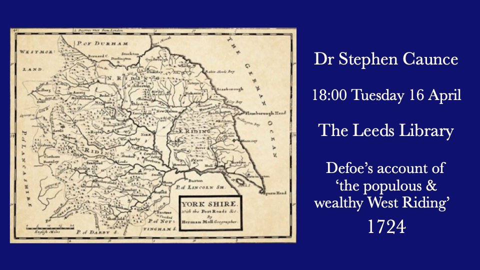 What can we learn about the mysterious textile manufacturing success of Yorkshire by reading Daniel Defoe's famous account of his 18th century journey? 18:00 Tues 16 April @theleedslibrary Commercial Street Accompanying exhibition in entrance hall. Book: leedsphilandlit.org.uk/shop/defoes-ac…