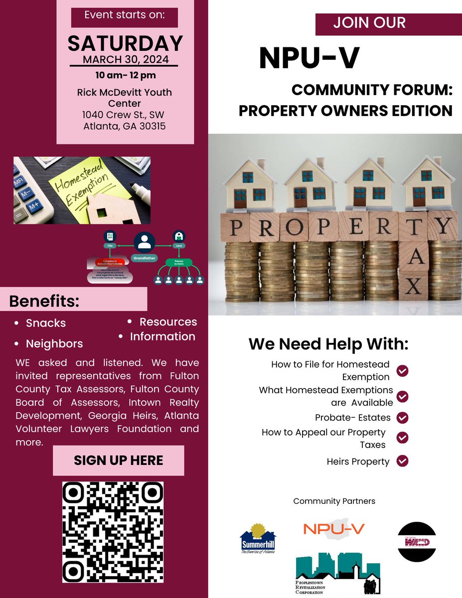 Representatives from Fulton County Tax Assessors and Board of Assessors, Georgia Heirs, and other experts will be present to speak on the topic. The event will cover essential topics such as filing for homestead exemptions, appealing property taxes, and the homestead exemptions.