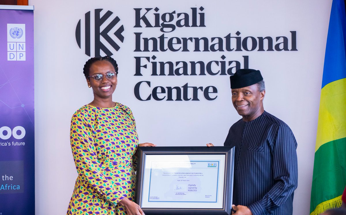 Kigali_IFC's tweet photo. We are thrilled to announce that today the timbuktoo Africa Innovation Foundation was officially incorporated, in a historic ceremony held at our offices in the presence of its high representative H.E. Prof. Yemi Osinbajo, former Vice-President of Nigeria, and other partners. https://t.co/hWJ9bRrQVn