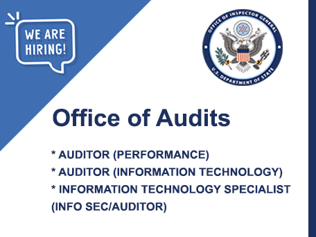 State OIG is hiring! * AUDITOR (PERFORMANCE) usajobs.gov/job/783321400 * AUDITOR (INFORMATION TECHNOLOGY) usajobs.gov/job/783578400 * INFORMATION TECHNOLOGY SPECIALIST INFO SEC/AUDITOR) usajobs.gov/job/783380400 These jobs will close when we have received 50 applications which may…