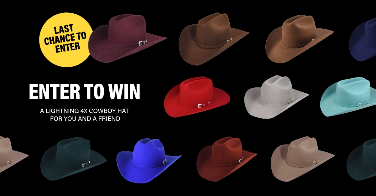 LAST CHANCE

We are giving away Cowboy Hats!
Win 1 for you & 1 for your tagged friend.
Must complete all steps to qualify.

ENTER:*
• Follow @hatsdotcom
• LIKE this post
• Tag a friend
• Share this post
Ends 4/8/24

*Rules t.ly/-r7kf

#ContestTime  #Enter #win